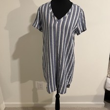 Cloth & Stone Dress Womens Small Blue White Striped V Neck Linen Blend Casual