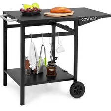 2-Tier Collapsible Outdoor Serving Cart with Gas Bottle Hook Black