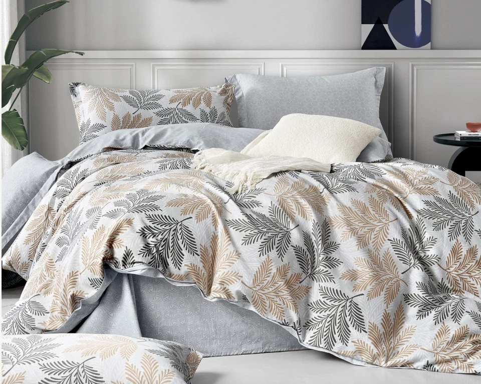 Reversible Comforter Set Queen King Botanical Leaf Gray Beige Modern All Season - Image 3 of 3