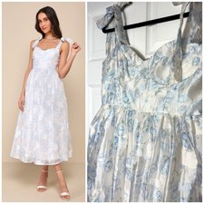 Lulus White Light Baby Blue Floral Burnout Bow Tie-Strap Midi Dress Size Medium