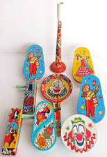 Vintage Noisemakers Tin litho U.S. Metal Toy Mfg Clowns Latin Dancer Lot of 9