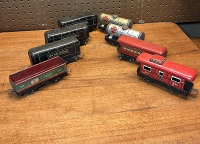 Marx O Gauge Tin Litho Train Car Lot (8) - NYC, Rock Island, Santa Fe,  Caboose