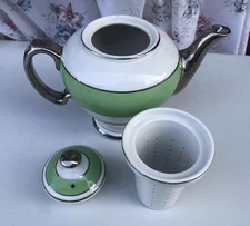1960's HALL McCormick Teapot w/ Lid & Infuser Green Platinum Band Banquet Teas