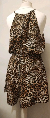 12, Ax, Brown Black Leopard Print Tie Waist Playsuit, Sleeveless Halterneck - Picture 7 of 9