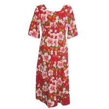 Vtg UI-Maikai Hawaiian Maxi Dress Sz S Red Hibiscus Barkcloth Bell Sleeves 70s