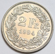 1994-B 2 Francs Switzerland Helvetia Uncirculated BU Coin - Lustrous
