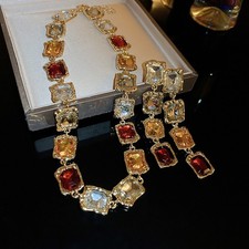 Vintage Multicolor Crystal Necklace & Drop Earrings Set Statement Jewelry