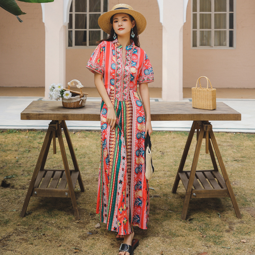 Mujeres Étnico Floral Bordado Maxi Vestido Estampado Cheongsam Cuello en V Vacaciones - Imagen 13 de 14
