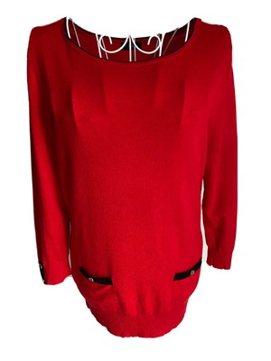 F&F Damen Pullover Größe 12 Rot Rundhals 3/4-Ärmel Knopfdetail Schwarzer Rand