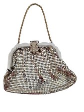 Made In USA Silver Metal Mesh Frame Top Purse W/Rhinestone Clasp READ