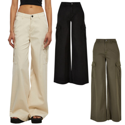 Urban Classics Ladies High Waist Wide Leg Twill Cargo Pants Hosen Taschen Loose 