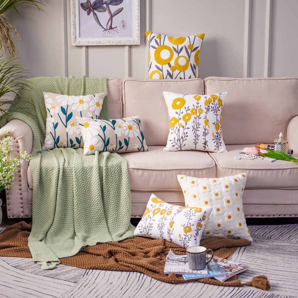 Embroidery Floral Couch Pillow Cases Rectangular Farmhouse Pillow