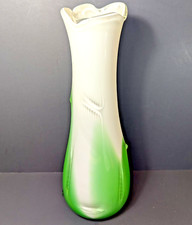 Vintage Tall Murano Style Studio Art Glass Green  White Stretch Vase 14.5"