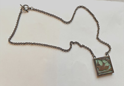 Handmade Silver Necklace with Swallow pattern w/ inlaid jade green milk glass 18