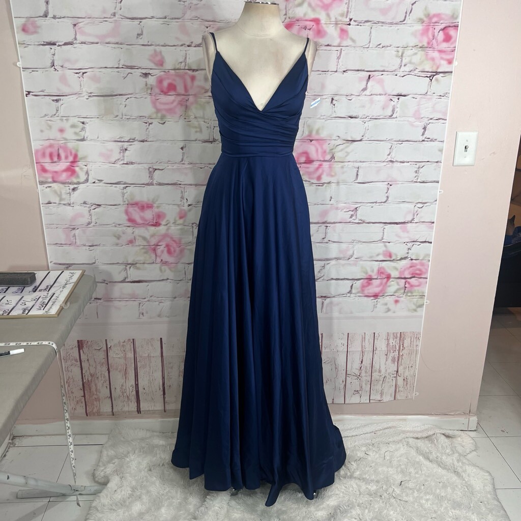 La Femme blue satin v neck ruched bodice ball gown style 28607 | eBay