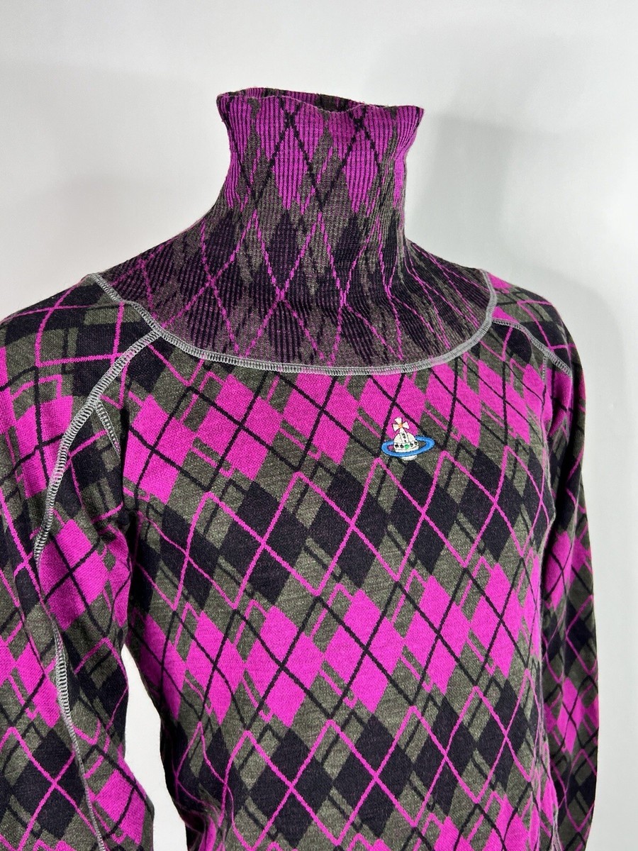 Vtg VIVIENNE WESTWOOD PINK PURPLE ARGYLE PATTERN ORB LOGO SWEATER