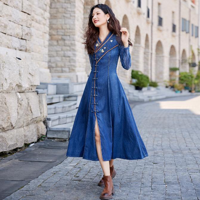 Women's Denim Embroidery Ethnic Style Dress Retro Sleeveless Long Skirt  Fashion | eBay