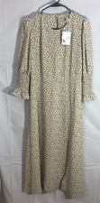 NWT Womens Forever 21 fit Flare MIDI 3/4 Smocked Sleeve Dress L Cream Dusty Blue