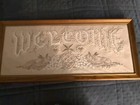 Vintage Framed Embroidered Welcome Sign Handmade Hearts Fruit