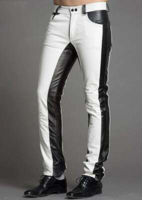 Men's Real Leather Trouser Biker Motorcycle Jeans Pant White Cowhide Leathers