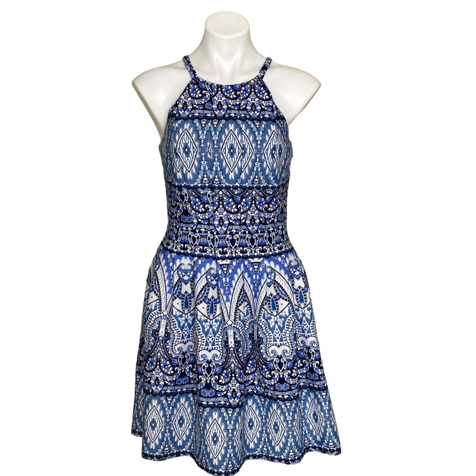Vince Camuto Womens Belted Floral Print Fit Flare Dress Blue Size 14
