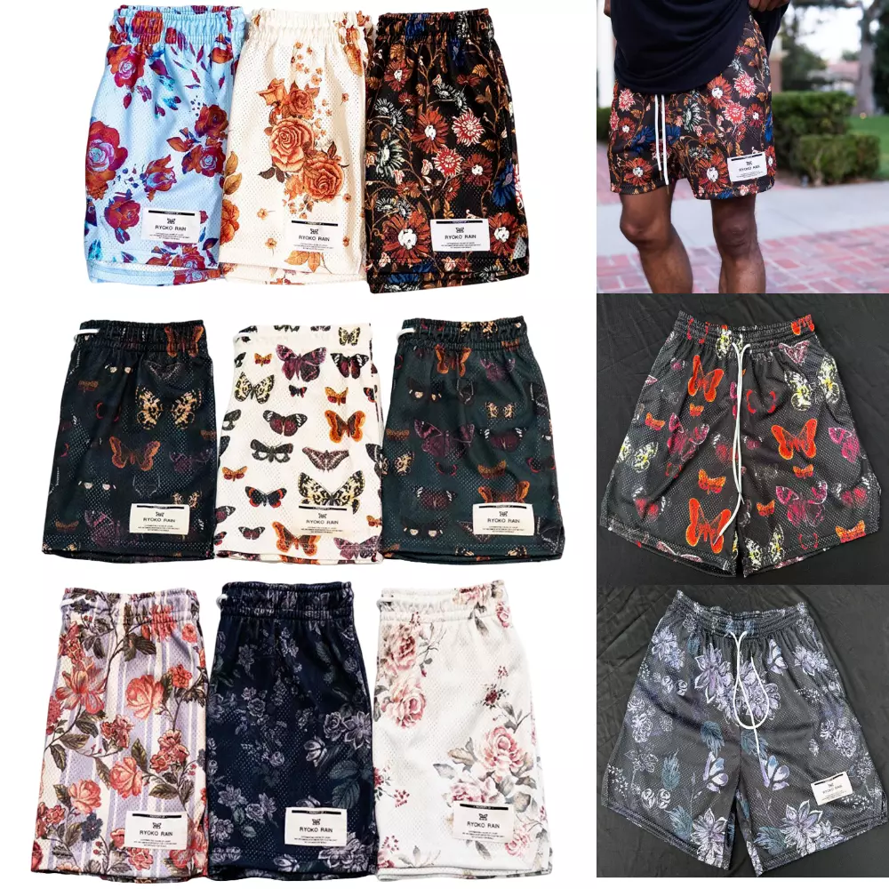 Unisex Ryoko Rain Athletic Shorts Floral/Butterfly Casual Mesh Sport Shorts  NEW