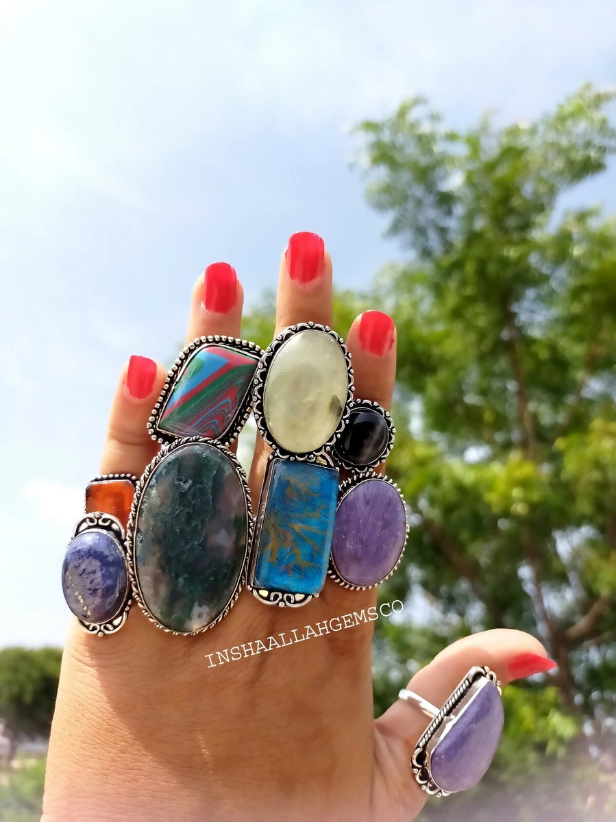 Natural Gemstone Rings Mix Lot Solid Sterling Silver Plated