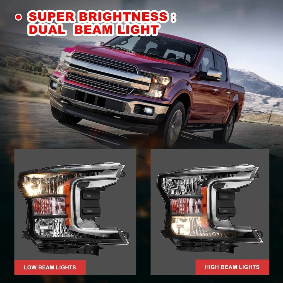 For 2018 2019 2020 Ford F150 Headlights Halogen Headlamps Black Clear Pair LH+RH - Изображение 3 из 4