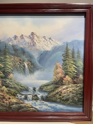 Gorgeous K.WHITE Signed Mountain Overlooking Waterfall Oil Painting - Picture 4 of 11