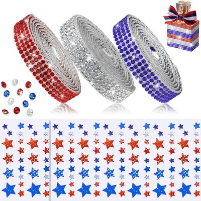 Patriotic Rhinestone Ribbon Roll Sticky Gem Crystal Trim Red Blue White