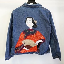 Vintage Chico's Gesiha Embroidered Asian Art-to-Wear Denim Jacket Womens L Sz 2