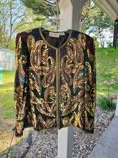 Vintage Laurence Kazar Sequin Beaded Blazer Jacket Silk Medium