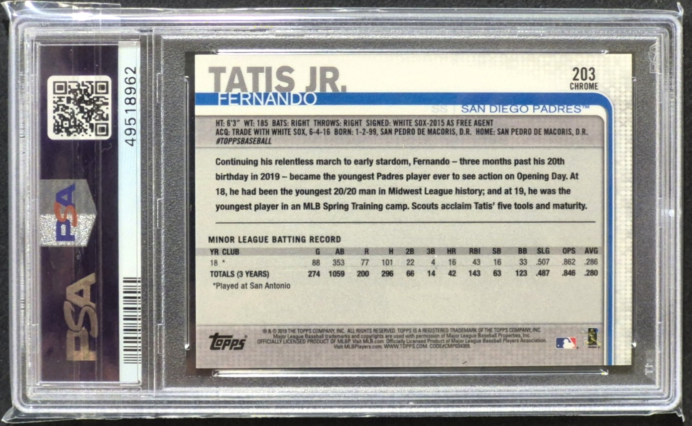 2019 Topps Chrome Fernando Tatis Jr ROOKIE CARD RC #203, San Diego Padres, PSA 9 view 2