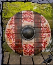 Larp Wikinger Rundschild Sleipnir rote Pferde in Holzoptik 70cm  Epic Armoury