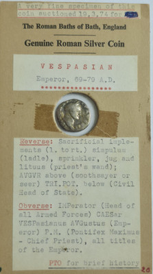 Vespasian (AD 69-79) AR Denarius; Roman Baths of Bath England enscaps; RIC 43