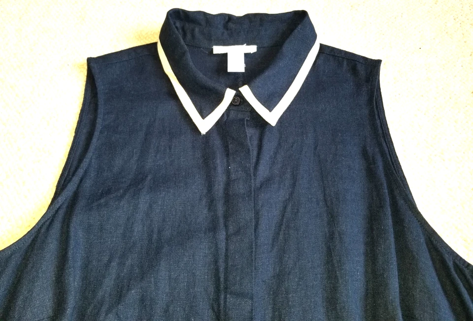 全新带标签女式礼服-伦敦时代-海军蓝亚麻“抛光学院风经典腰带衬衫”-14 — 第 2/4 张图片