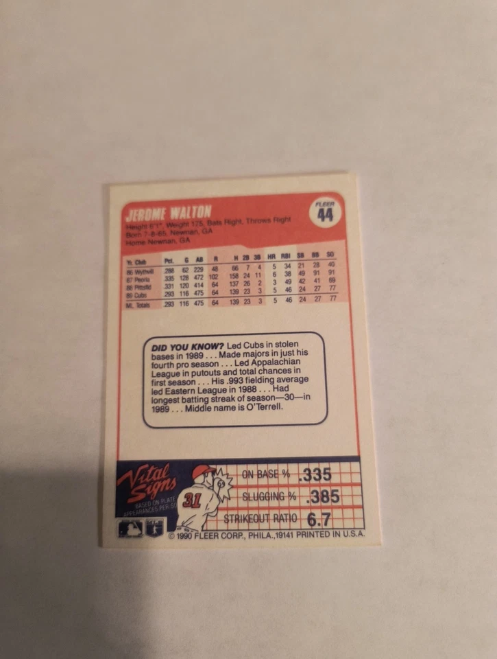 JEROME WALTON 1990 FLEER #44 FREE SHIPPING - Image 2 of 2