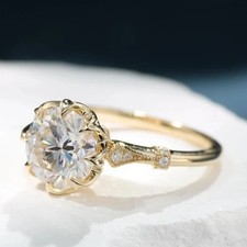 Art Deco Style Round Lab Created Diamond 14K Yellow Gold FN Engagement Ring
