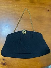 Vintage Black Evening Clutch W/Flower Snap Closure Chain Link Strap