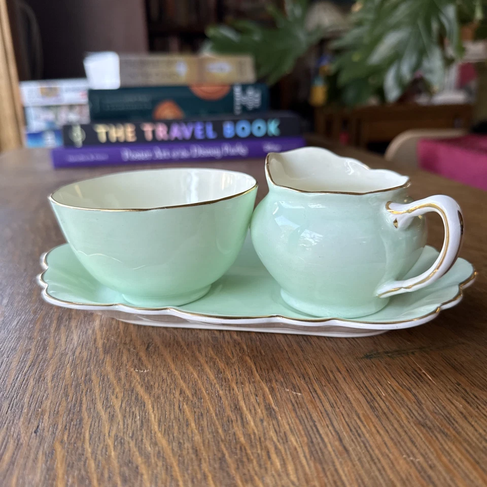 Antique Old Royal Bone China Creamer , Sugar And Serving Tray Mint Green-England - Image 2 of 4