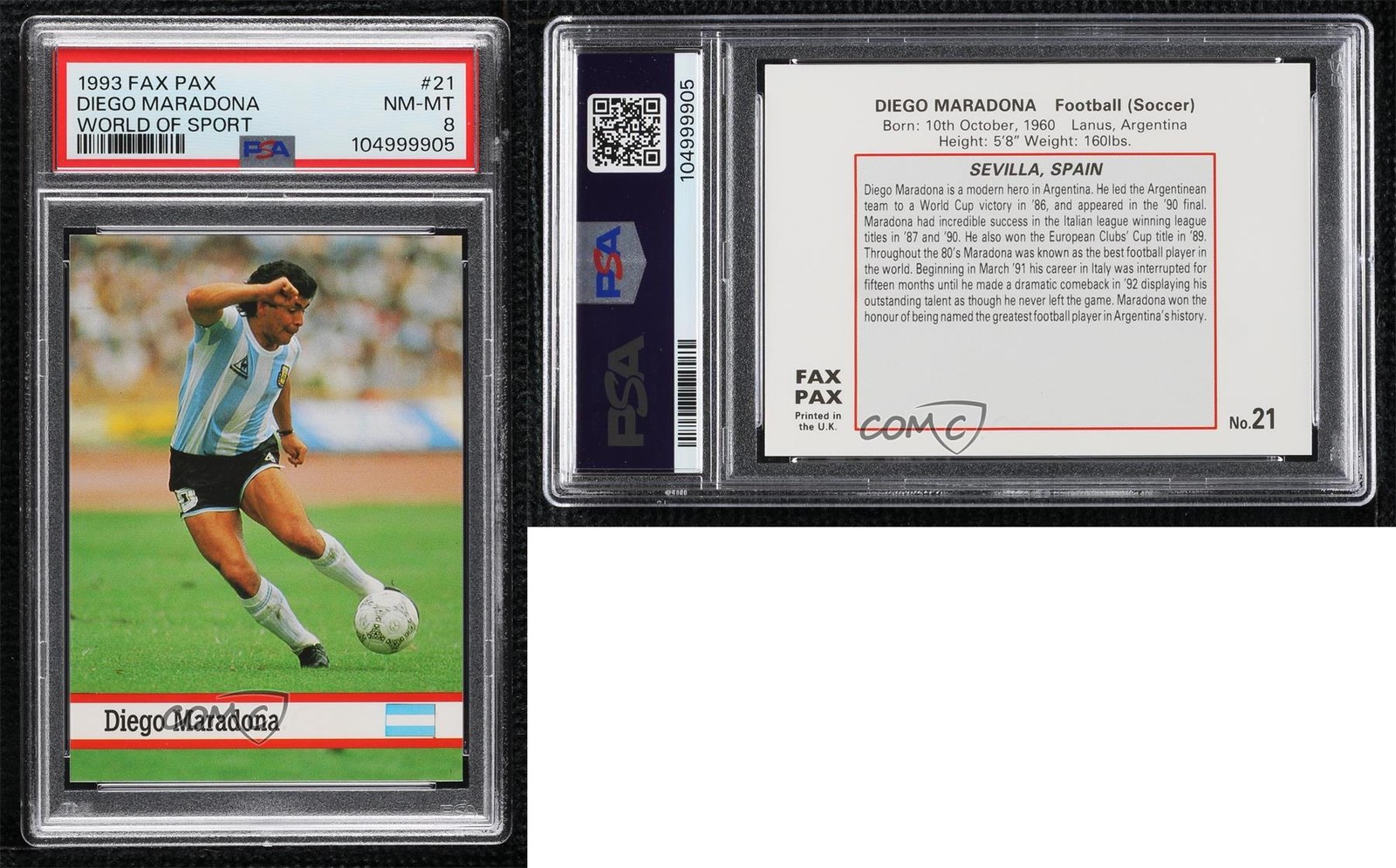 1993 Fax Pax Diego Maradona #21 PSA 8 view 3