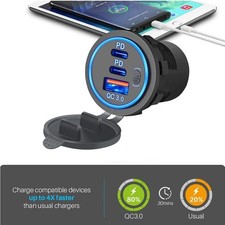 12V 3 Port Fast Car Charger PD QC3.0 USB-C Outlet Socket for RV Marine Boat