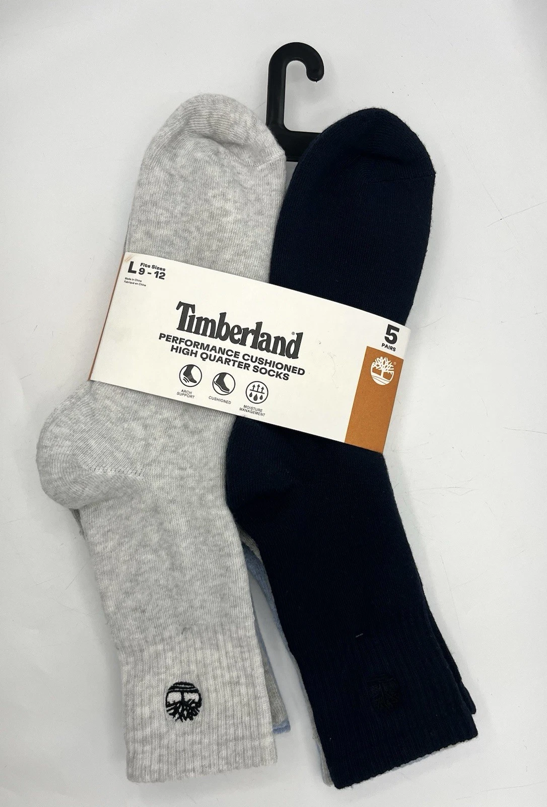 Timberland 5-Pair Men's Performance Cushioned High QTR Socks Gray/Blue L 9-12