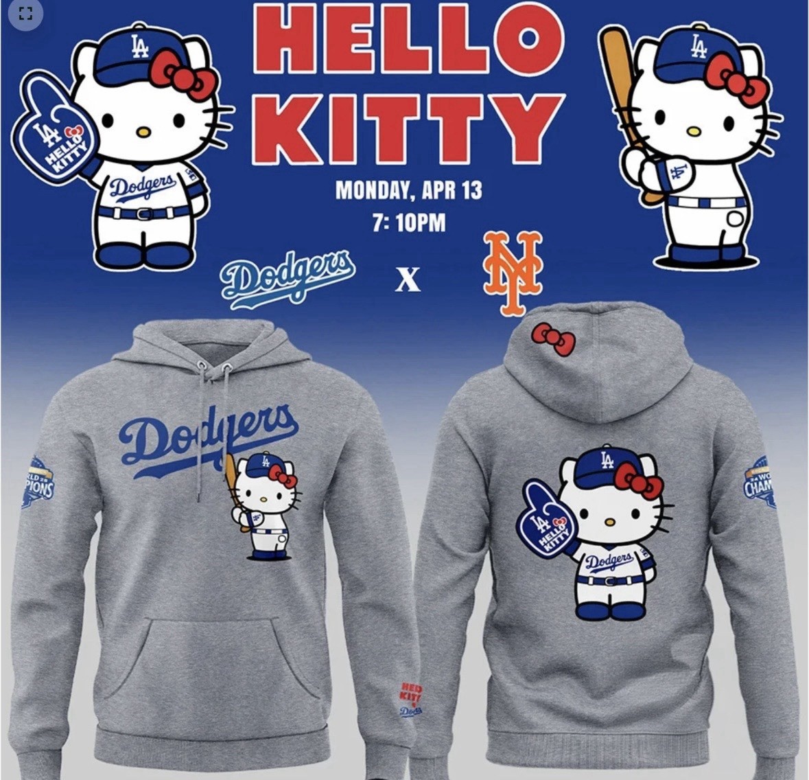 🎀💙Dodgers x Hello Kitty Hoodie M Medium SGA 4/13/2026 Giveaway