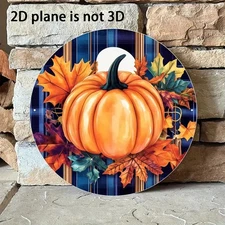 1pc 8x8 Inch Round Aluminum Metal Wall Decor Sign - Autumn Pumpkin & Fall Leaves