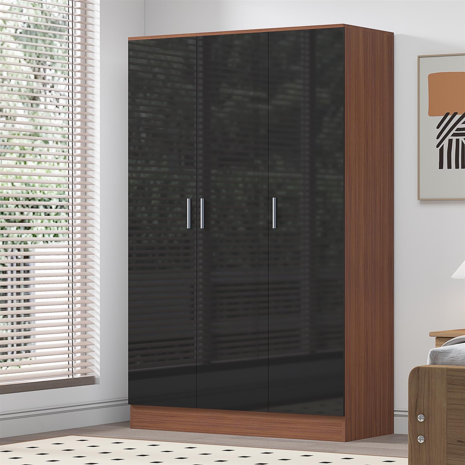 REFLECT 3 Door Plain Wardrobe - Black Gloss Fronts & Walnut Matt Carcass