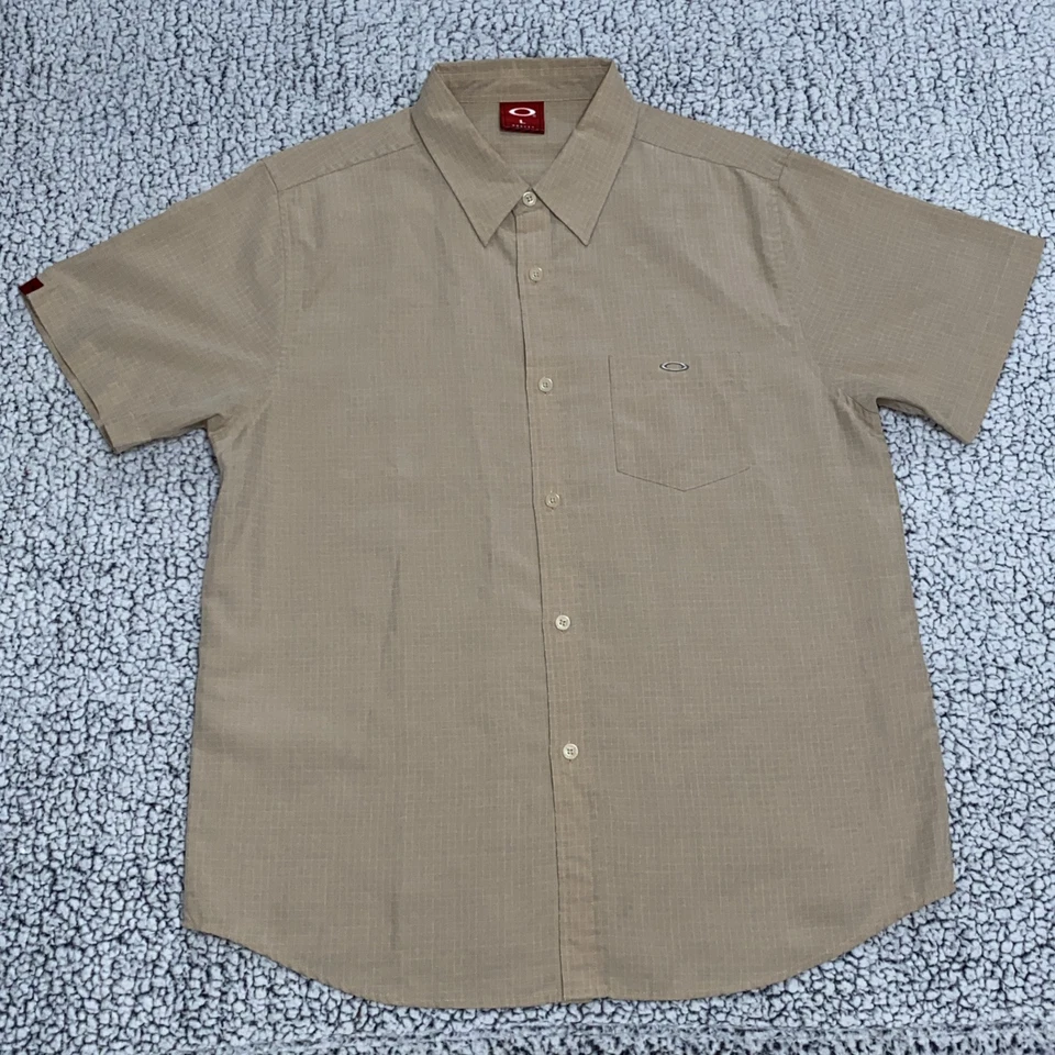 Vintage Oakley Tan Sand Plaid Button Up Plaid Short Sleeve Tech Camp Shirt - Image 2 of 4