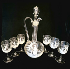 Vintage Mary Gregory Clear Glass Decanter & 6 Wine Glasses White Enamel