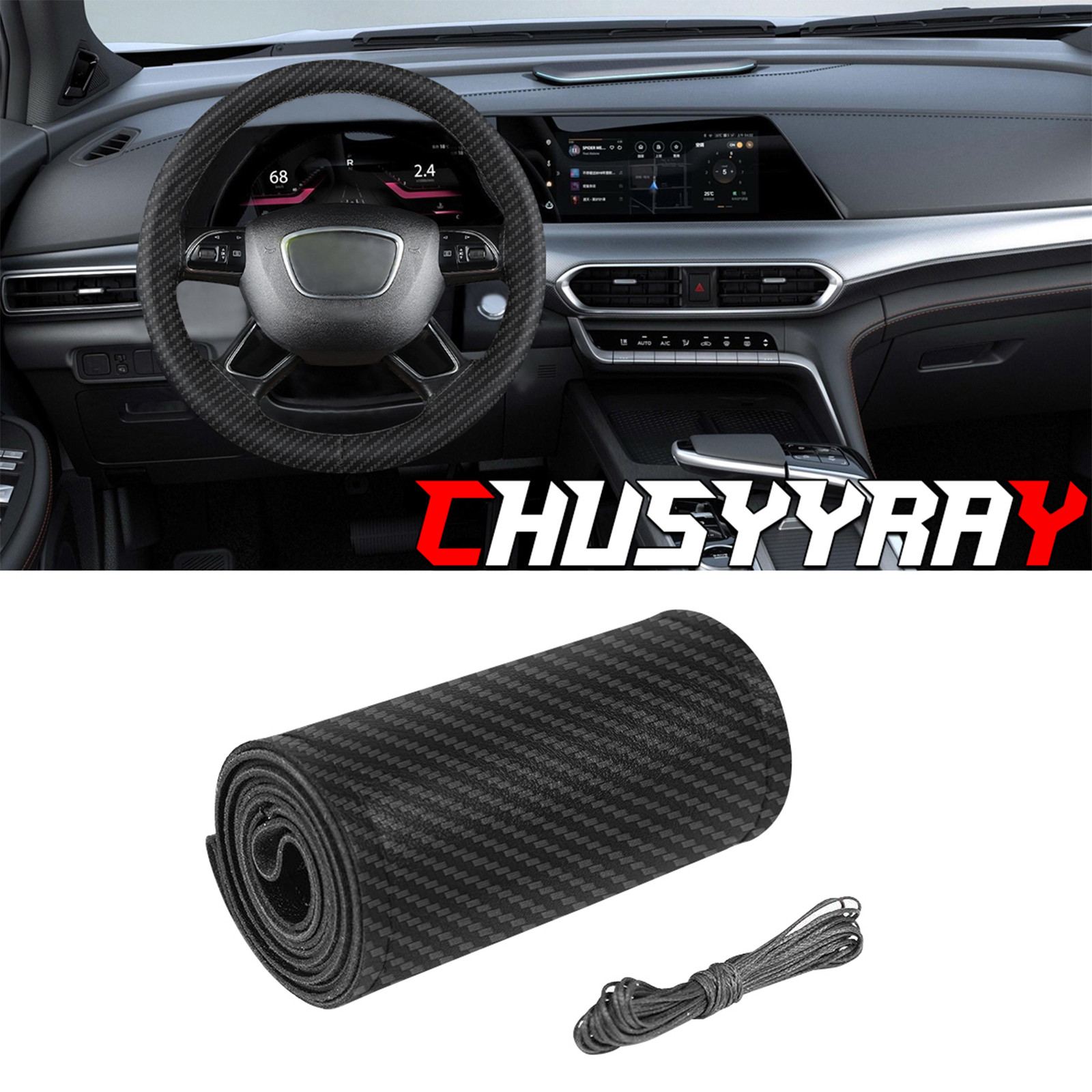 DIY Carbon Fiber Hand Sew Steering Wheel Cover Non-Slip Fit 14.5-15 Inch