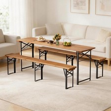 Wooden Picnic Dining Set, Table Beer Bench Folding Portable for Outdoor Garden
